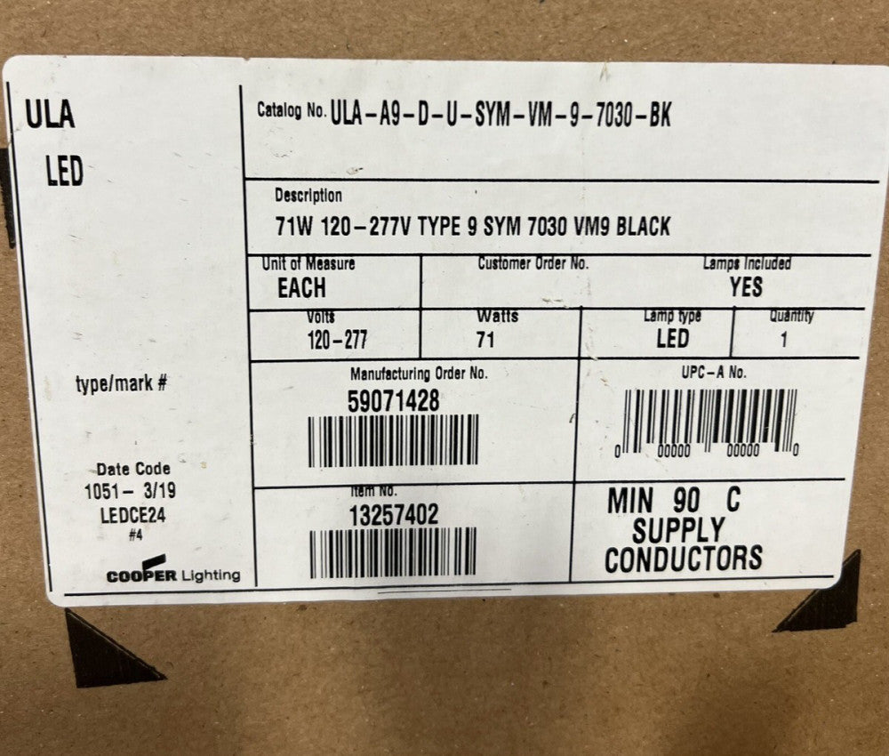 EATON COOPER ULA A9 D U SYM VM 9 7030 BK 70 LED 120 277 VAC ACORN Utility Street