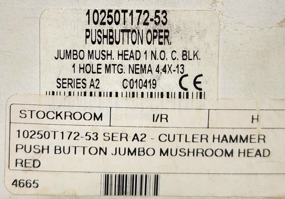 EATON CUTLER HAMMER 10250T172 53 Jumbo Red Mushroom Head Pushbutton Momentary