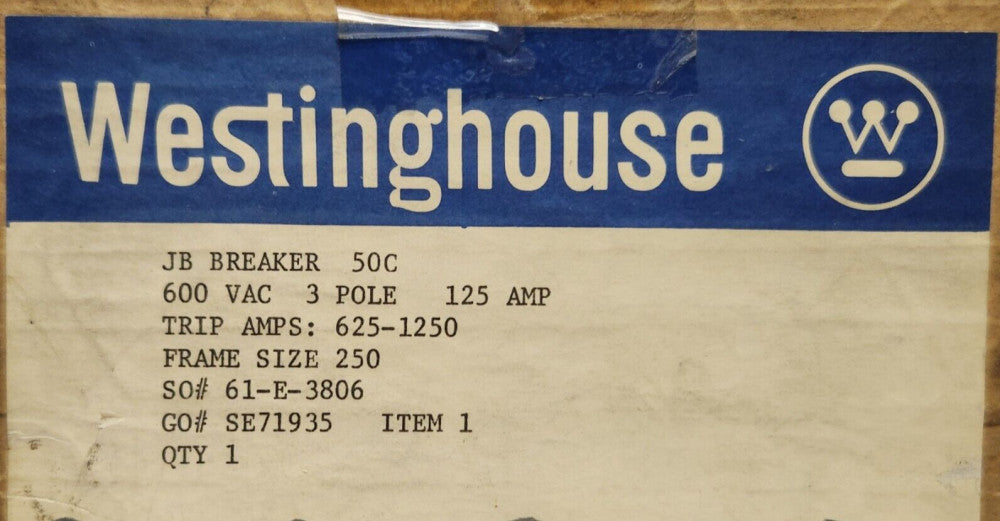 WESTINGHOUSE CUTLER HAMMER JB3125 3 Pole 125 AMP Type JB Circuit Breaker