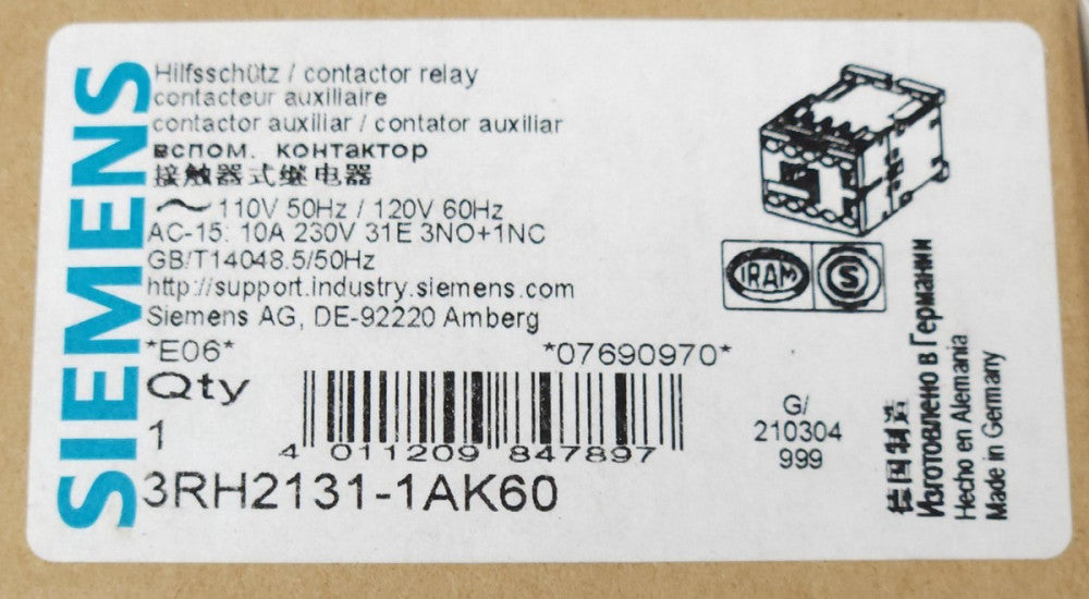 SIEMENS 3RH2131 1AK60 AC Contactor Relay 120 VAC 10 AMP 31E 3 NO 1 NC