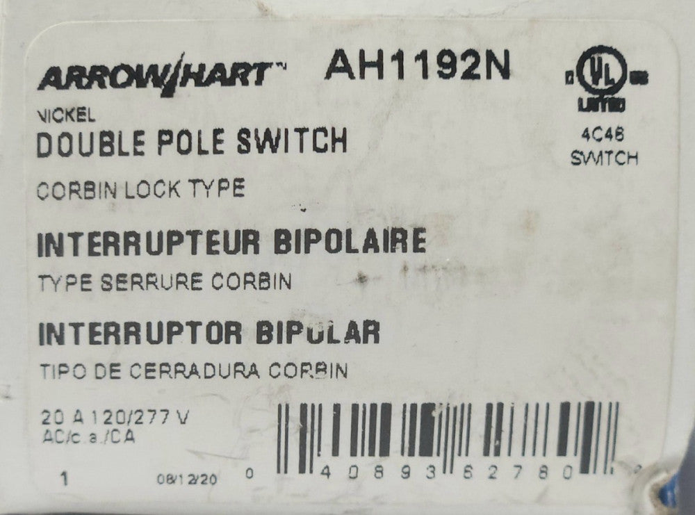 EATON ARROW HART AH1192N 20 AMP Keyed Double Pole Switch 2 Position Maintained