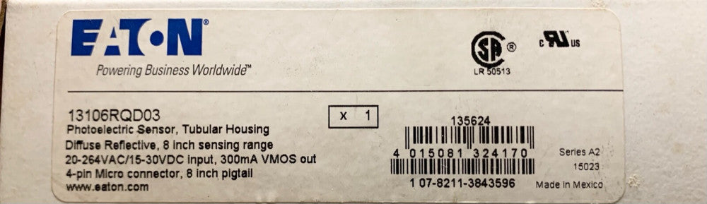EATON CUTLER HAMMER 13106RQD03 Tubular Photoelectric Sensor 20-264 VAC 15-30 VDC