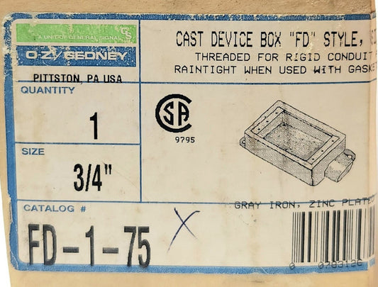 OZ GEDNEY FD-1-75 CAST Device Box FD Single GANG 3/4"
