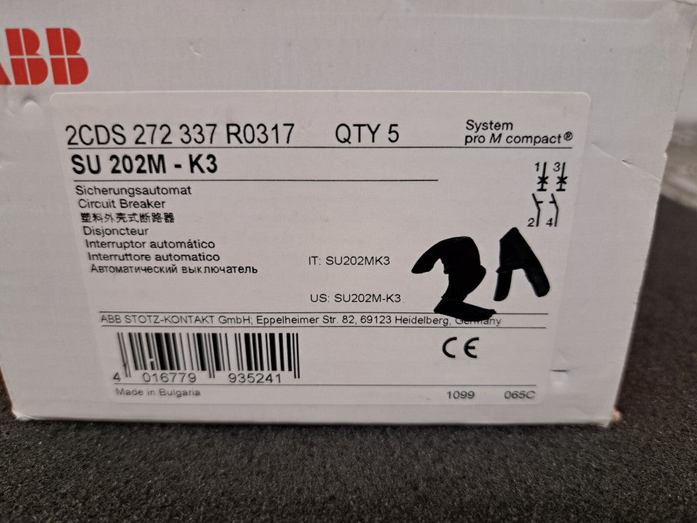 New, ABB, 2CDS272337R0317, Entrelec Line Breaker SU202M-K3 2-Pin, 3A, 10kA - 1pc