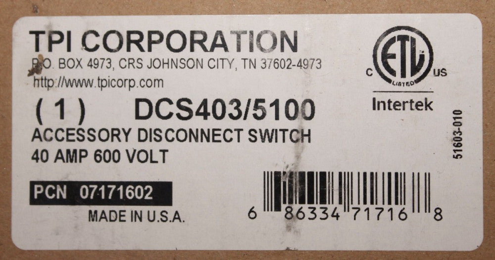 TRANE UHEC DCS403 TPI DCS403 5100 40 Amp 600V Disconnect Switch