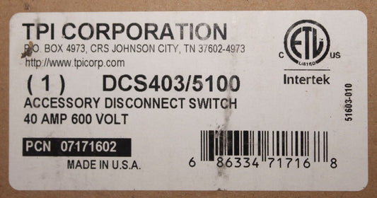 TRANE UHEC DCS403 TPI DCS403 5100 40 Amp 600V Disconnect Switch
