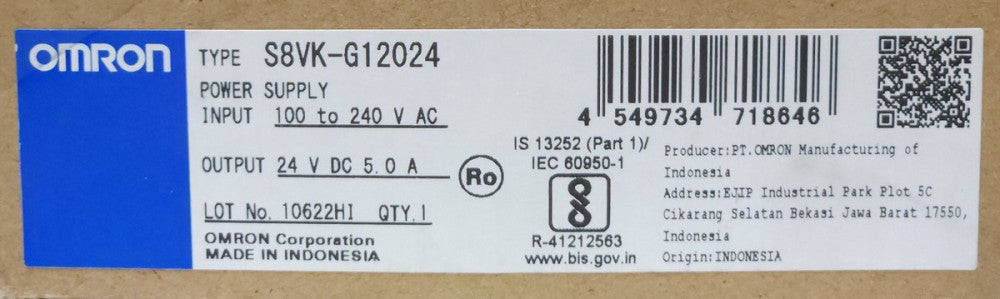 OMRON S8VK G12024 Switching Power Supply Input 100-240 VAC Output 24 VDC 5 AMP