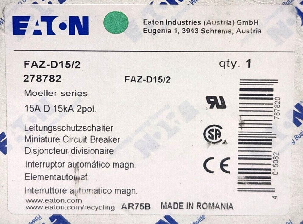 EATON MOELLER FAZ-D15/2 2 Pole 15 AMP 277/480 VAC Miniature Circuit Breaker