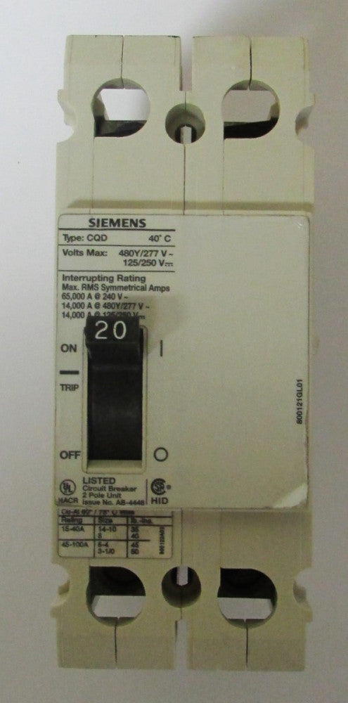 SIEMENS CQD220 2 Pole 20 Amp Type CQD Din Rail Mount Breaker