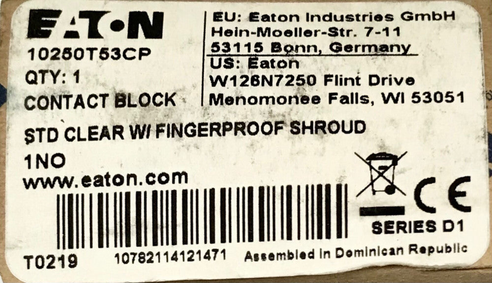 EATON CUTLER HAMMER 10250T53CP 1 O Clear Finer Safe Shrouded Contact Block T53CP