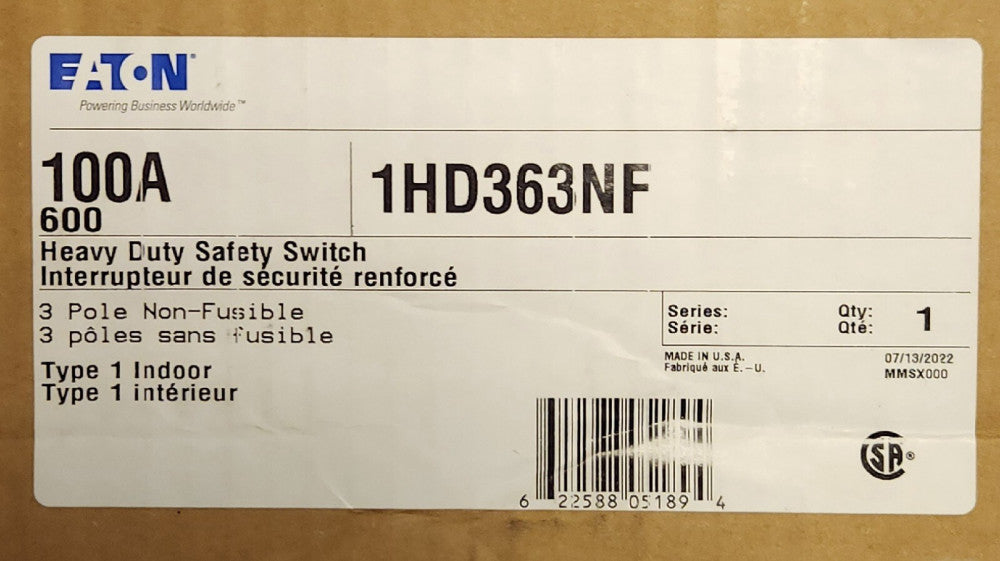 EATON CUTLER HAMMER 1HD363NF 3 Pole 100 AMP Nema 1 Safety Switch Indoor 600 VAC