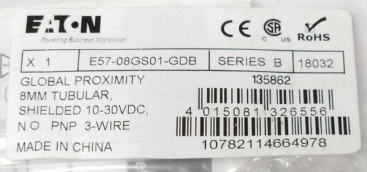 EATON E57 08GS01 GDB 8mm Global Proximity Sensor Tubular 10-30 VDC NO PNP 3-WIRE