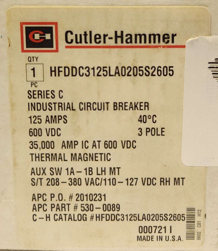 EATON CUTLER HAMMER HFDDC3125LA0205S 2605 3 Pole HFDDC3125L HFDDC3125 Breaker