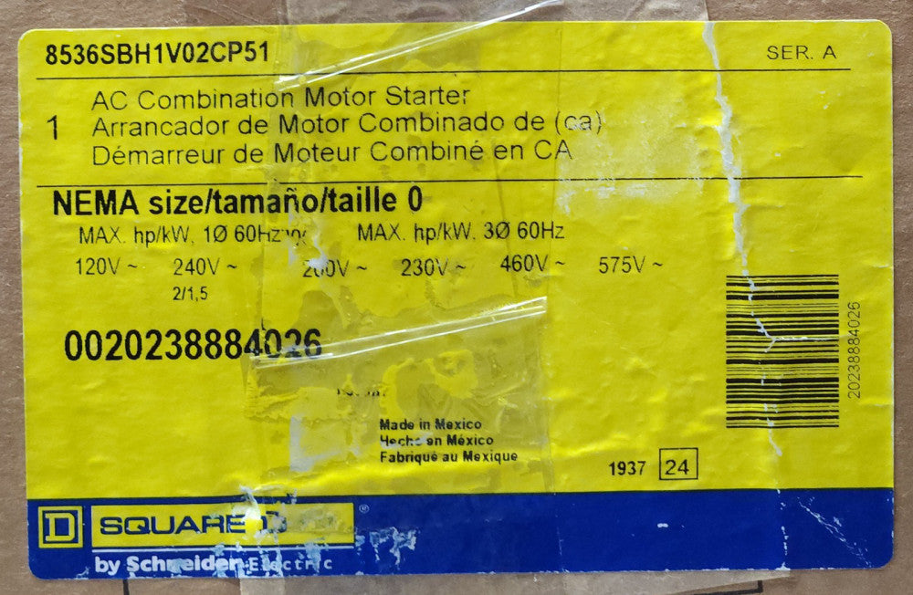 SQUARE D 8536SBH1V02CP51 Size 0 Combination Motor Starter 120 VAC 2 HP 1.5 KW Ne