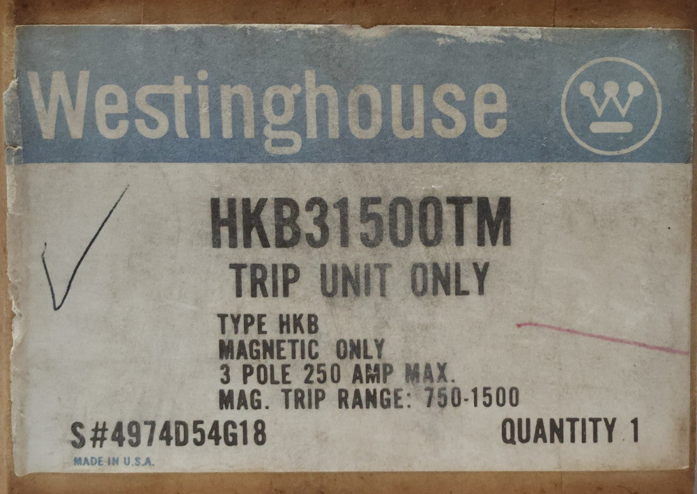 WESTINGHOUSE CUTLER HAMMER HKB31500TM Type KB HKB 250 AMP MAGNETIC ONLY TRIP Uni