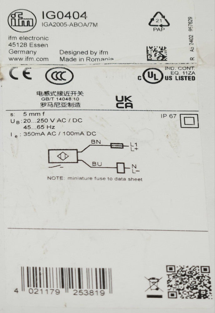 IFM ELECTRONIC IG0404 IGA2005 ABOA 7M 20-250 VAC VDC 350 mA VAC 100 mA VDC