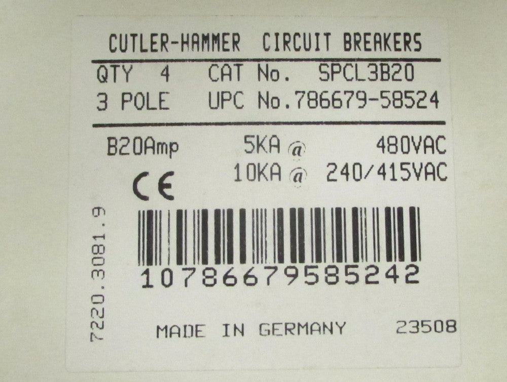 EATON CUTLER HAMMER SPCL3B20 3 Pole 20 Amp 480 V Circuit Breaker B20 Amp