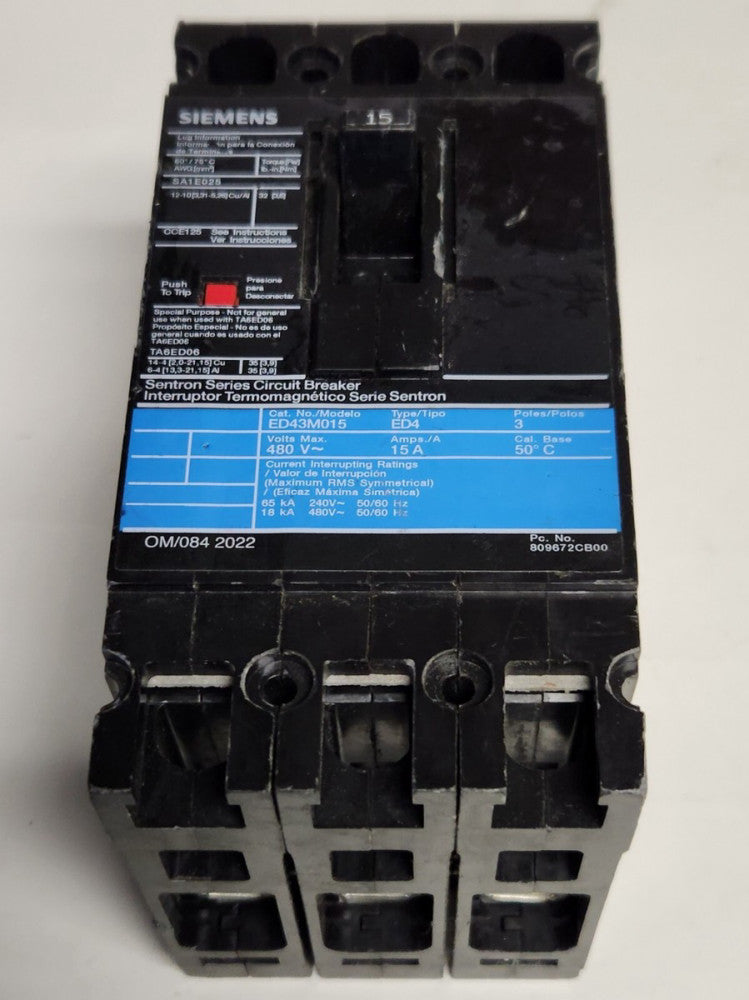 SIEMENS ED43M015 3 Pole 15 AMP Type ED4 Circuit Breaker