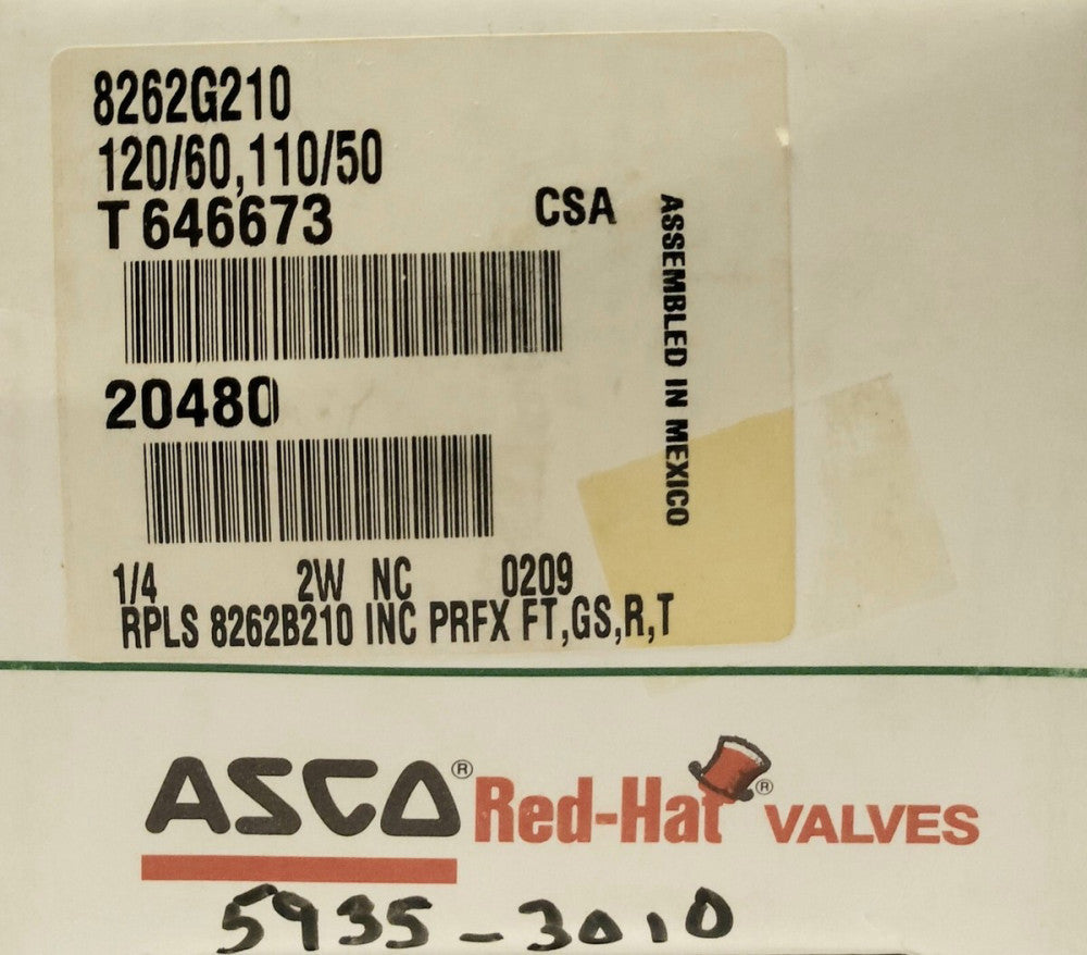 ASCO 8262G210 RED HAT Solenoid Control Valve 120 VAC 60-75 PSI 20480 1/4 2 WAY