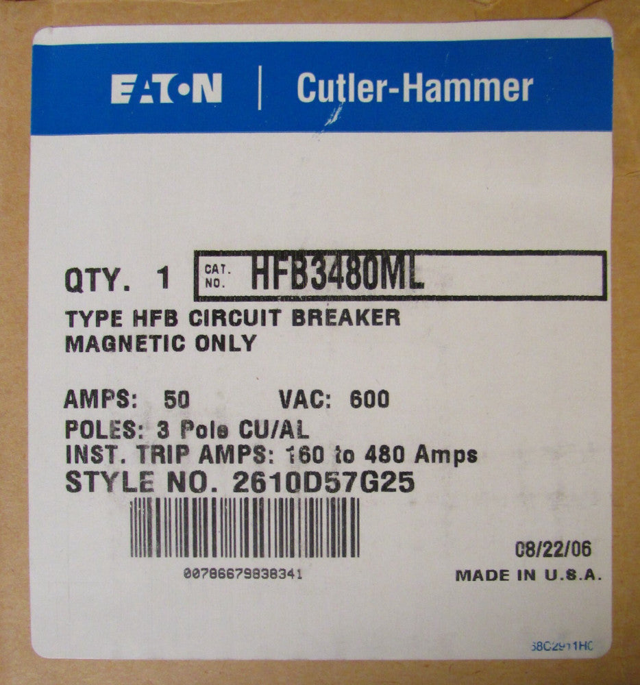 EATON CUTLER HAMMER WESTINGHOUSE HFB3480ML Magnetic Only Breaker 160-480 Trip