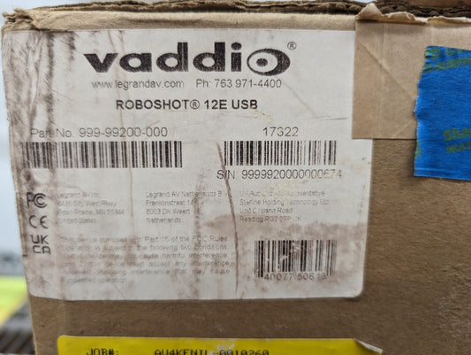 New Open Box, Vaddio, 999-99200-000, RoboSHOT 12E Elite USB PTZ Camera with 12x