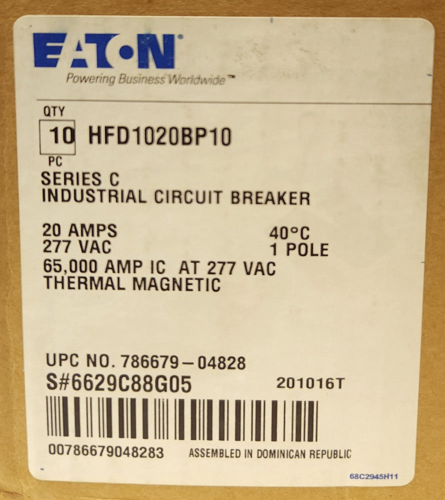 EATON CUTLER HAMMER HFD1020 BP10 Single Pole 20 AMP Type HFD Circuit Breaker