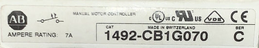 ALLEN BRADLEY 1492 CB1G070 Single Pole 7 Amp Manual Motor Controller