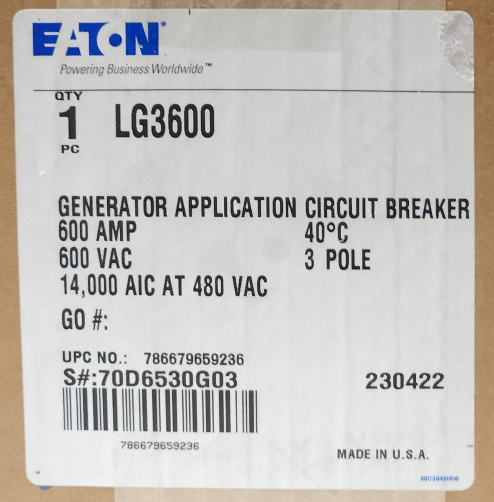 EATON CUTLER HAMMER LG3600 3 Pole 600 AMP Type LG Generator Breaker 500-2500