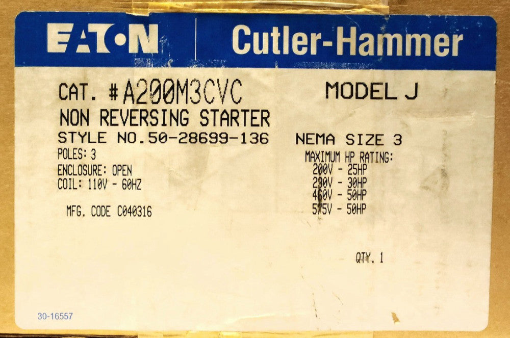 EATON CUTLER HAMMER A200M3CVC 110 120 VAC Size 3 A200 Starter 60 Hz. Coil