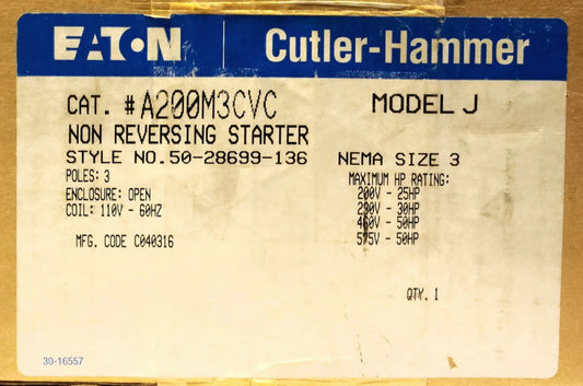 EATON CUTLER HAMMER A200M3CVC 110 120 VAC Size 3 A200 Starter 60 Hz. Coil