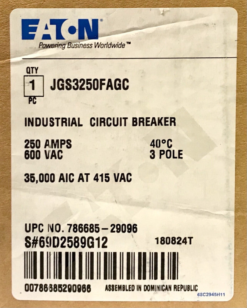 EATON JGS3250FAGC 3 Pole 250 AMP J250S-C Circuit Breaker 35000 AIC