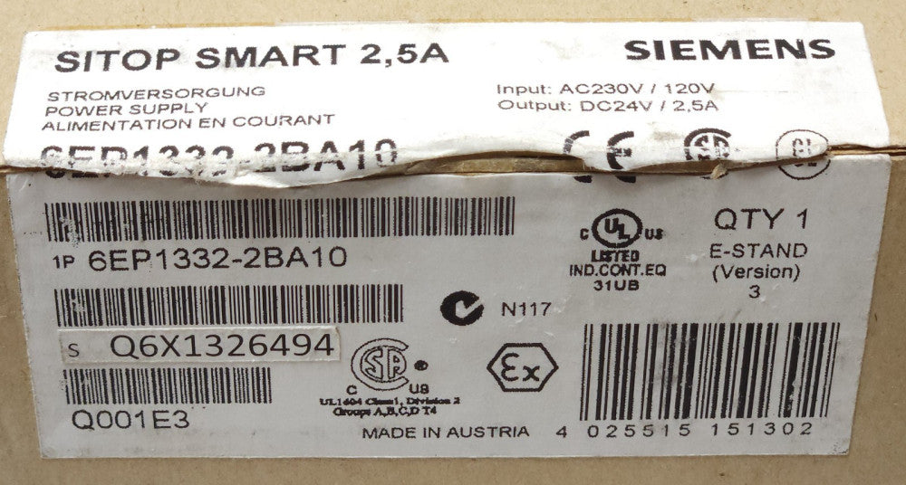 SIEMENS 6EP1332 2BA10 SITOP SMART 2.5A STROMVERSORGUNG Power Supply Input 120 23