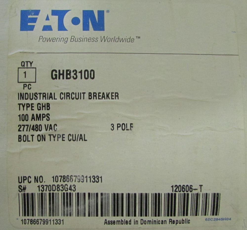 EATON CUTLER HAMMER GHB3100 3 Pole 100 Amp GHB Breaker