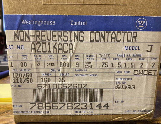 WESTINGHOUSE CUTLER HAMMER A201KACA 3 Pole 9 AMP 110 120 VAC Size 00 Contactor
