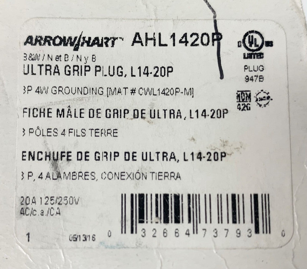 Eaton Arrow Hart AHL1420P 20 AMP 125 250 VAC L14-20P Ultra Grip Plug