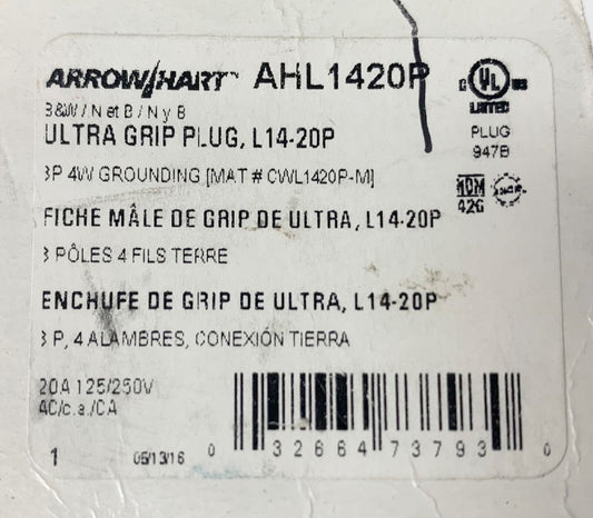 Eaton Arrow Hart AHL1420P 20 AMP 125 250 VAC L14-20P Ultra Grip Plug
