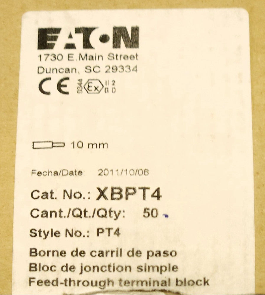 BOX OF 50 EATON XBPT4 Grey Terminal Block Type PT4 10mm 800 VAC 4mm² 600 VAC