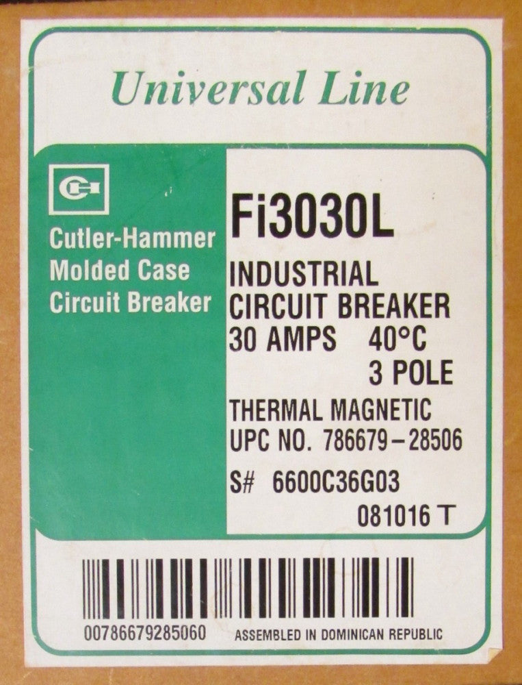 CUTLER HAMMER Fi3030L 3 Pole 30 Amp Type Fi Universal Line Circuit Breaker