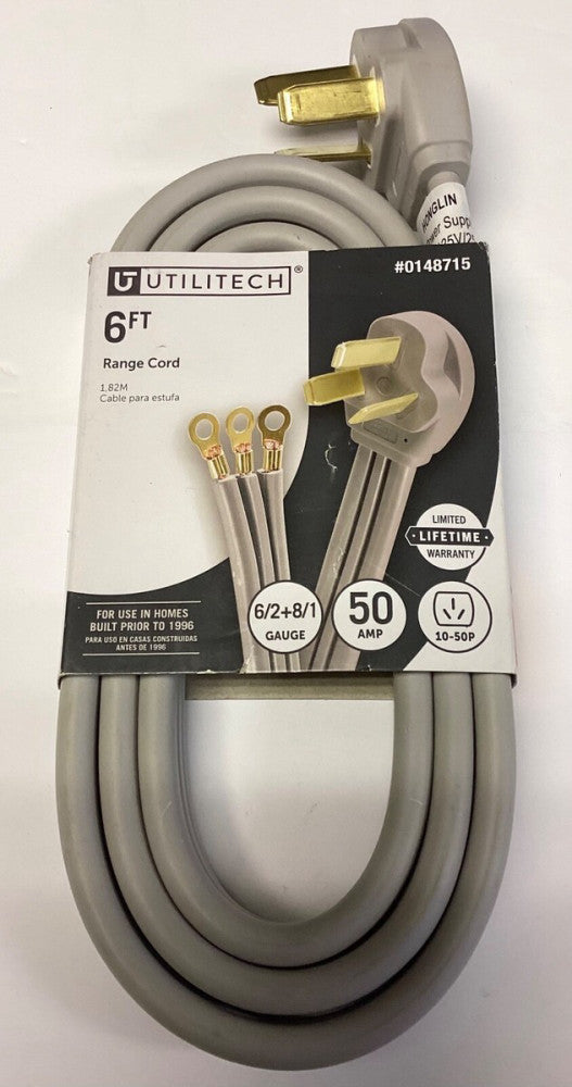 UTILITECH 0148715 6 Ft. RANGE AND DRYER CORD CABLE HONGLIN 50 AMP 250 VAC 125 AC