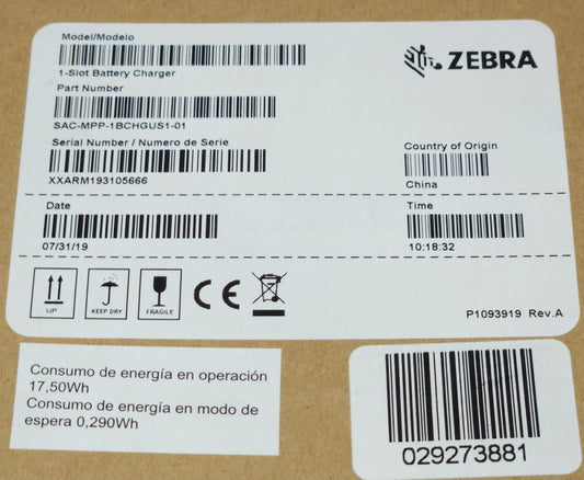 ZEBRA SAC MPP 1BCHGUS1 01 Single Slot Battery Charger Power Precision + ZQ500