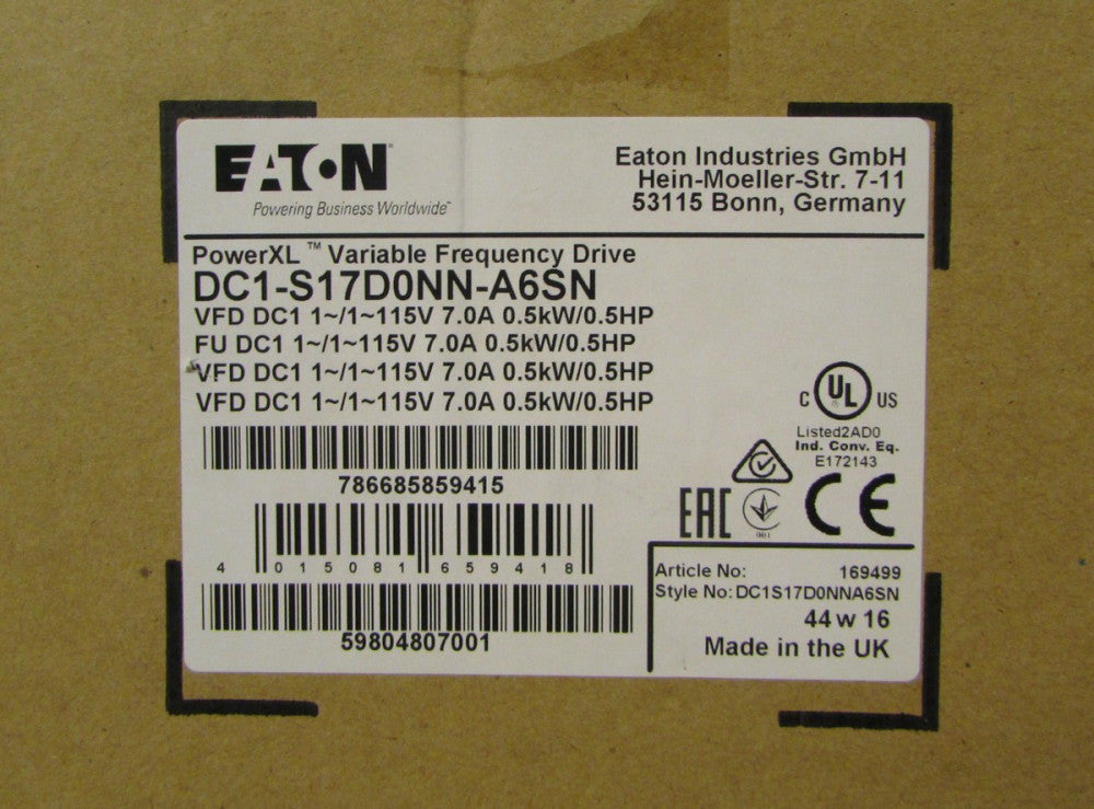 EATON DC1 S17D0NN A6SN 7 Amp .5 HP Power XL DC1 VFD Variable Frequency Drive