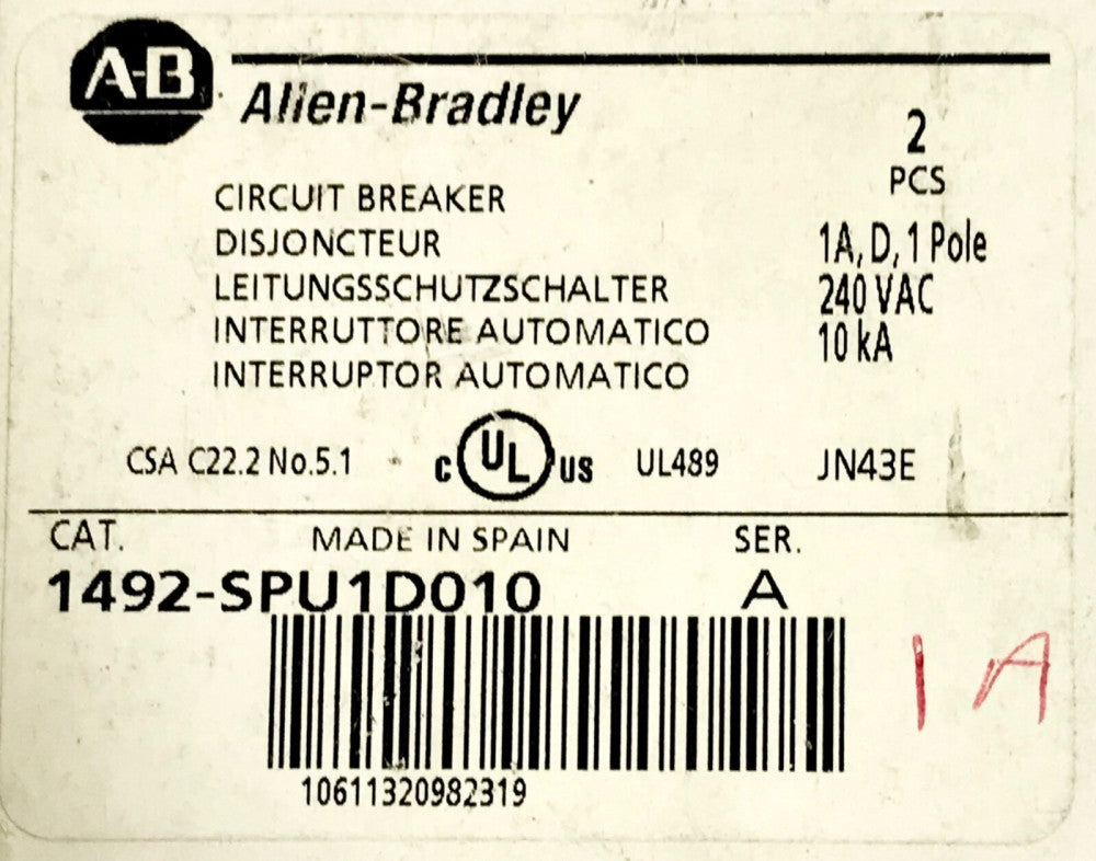 BOX OF 2 ALLEN BRADLEY 1492 SPU1D010 Single Pole 1 AMP 240 VAC 1492-SPU Circuit 