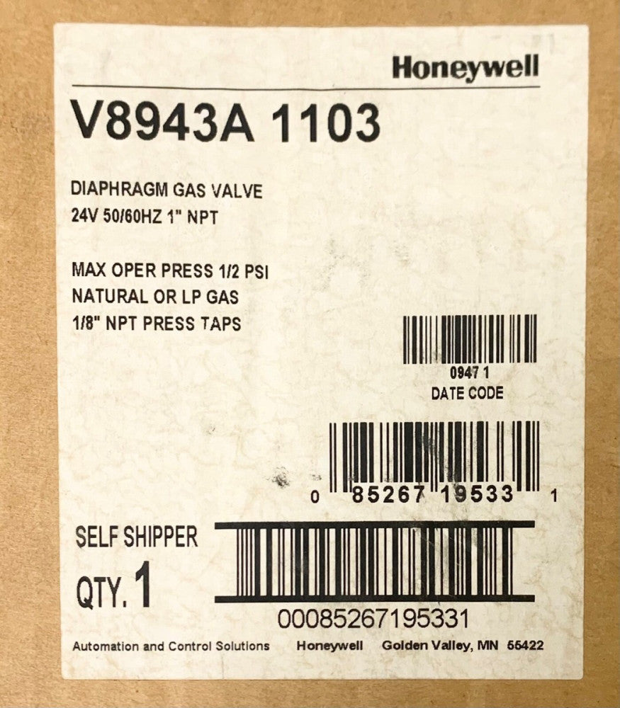 HONEYWELL V8943A 1103 DIAPHAGM GAS Value 24 VAC 1" NPT 1/2 PSI