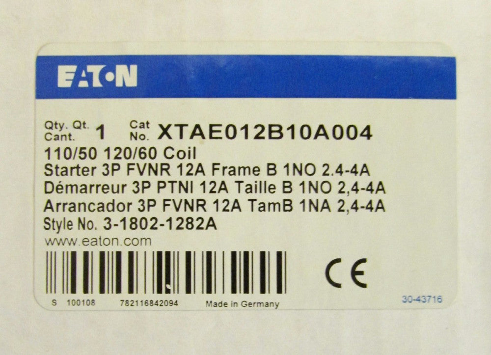 EATON CUTLER HAMMER XTAE012B10A004 FVNR Starter 3P 12A 110/120V 3 1802 1282A