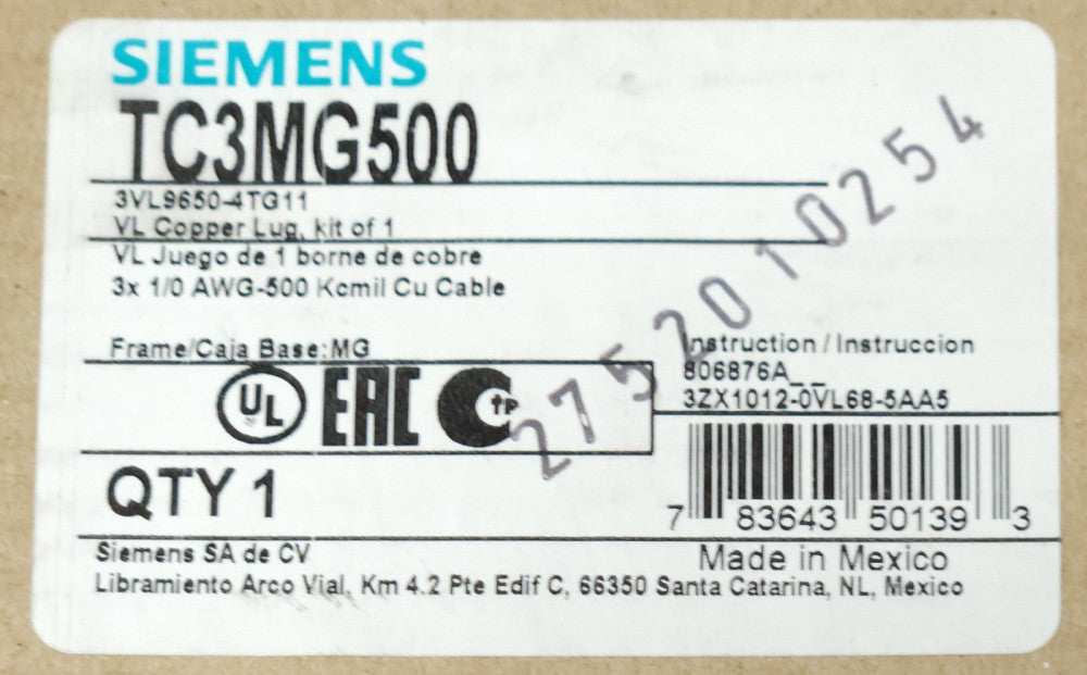 SIEMENS TC3MG500 CMC CPV3 500 2 Type VL Breaker CU Copper Lug 3VL9650 4TG11 FRAM