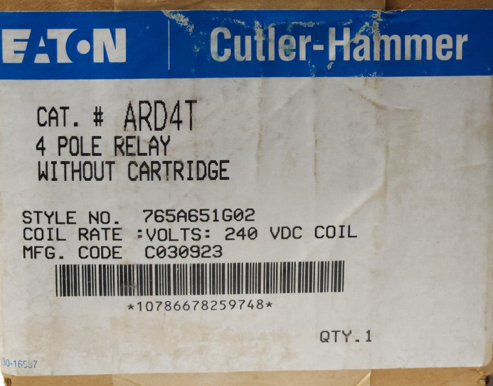 SEALED EATON CUTLER HAMMER ARD4T 240 VDC 4 Pole Relay without Cartridge 765A651G