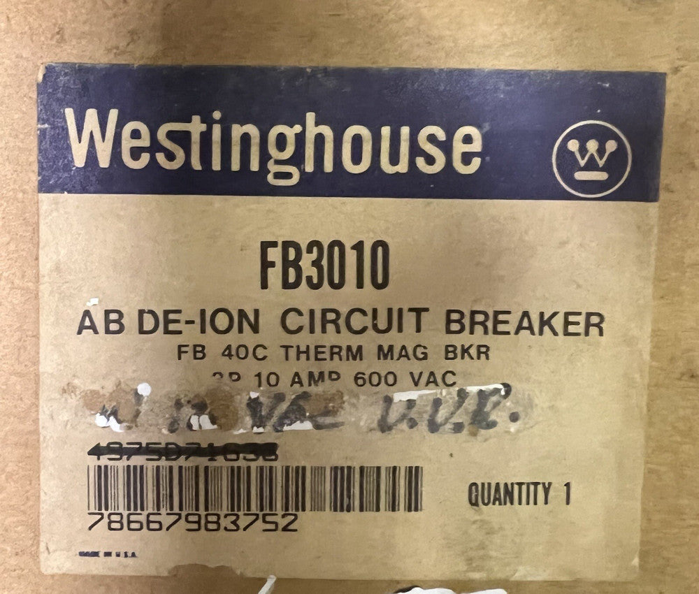 WESTINGHOUSE CUTLER HAMMER FB3010 3 Pole 10 AMP Type FB Circuit Breaker 600 VAC