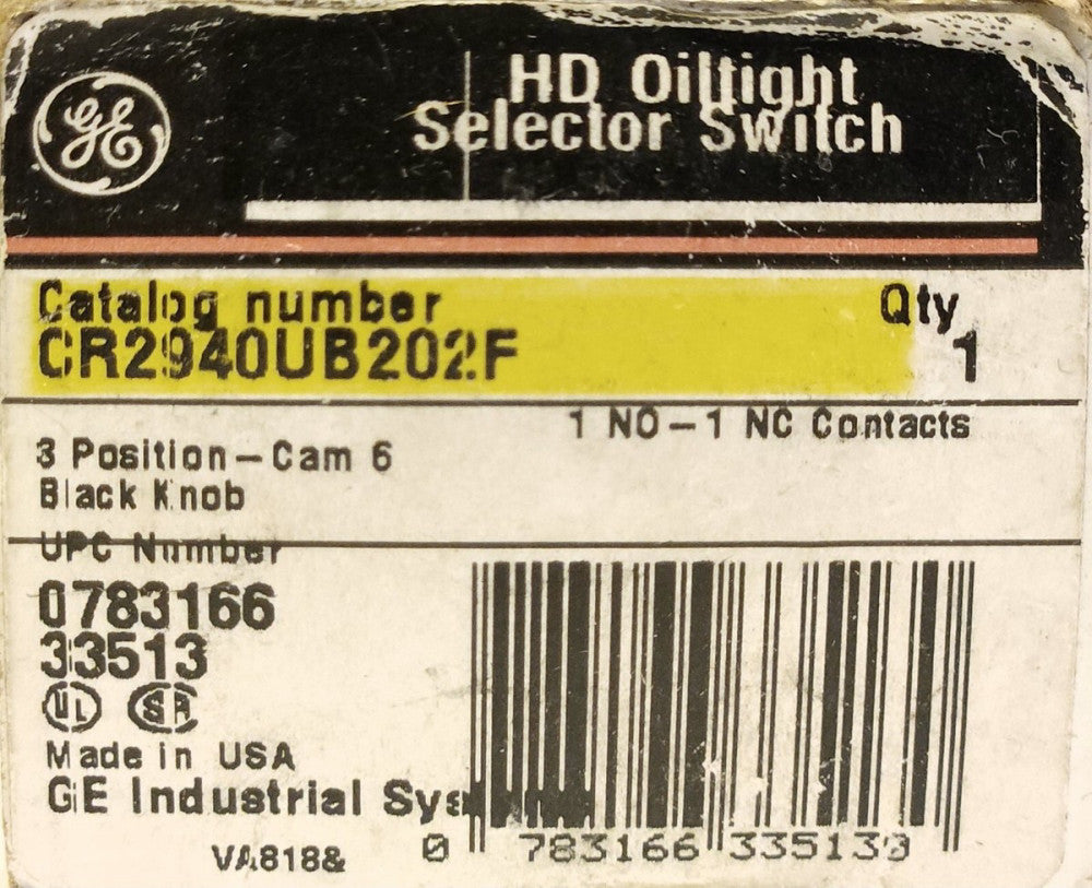 GENERAL ELECTRIC CR2940UB202F Heavy Duty 3 Position Selector Switch Operator
