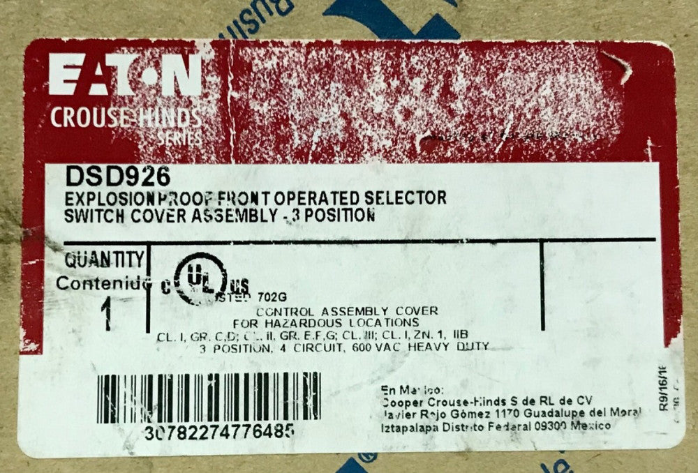 EATON CROUSE HINDS DSD926 Explosion Proof 3 Position Selector Switch Assembly 