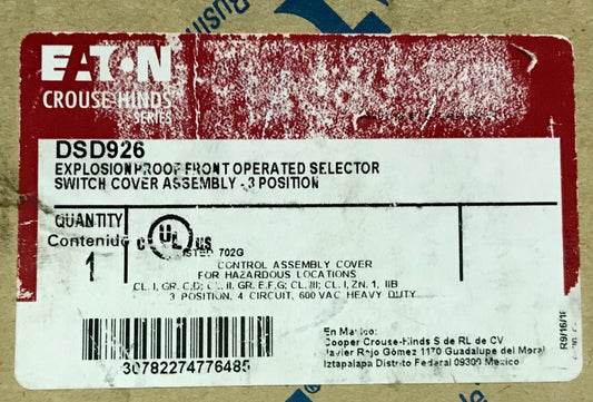 EATON CROUSE HINDS DSD926 Explosion Proof 3 Position Selector Switch Assembly 